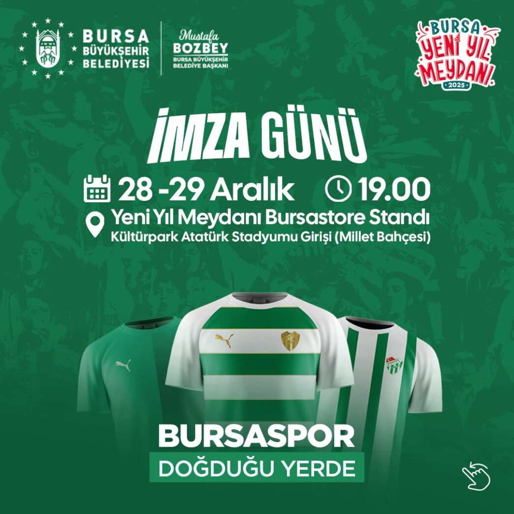  Bursaspor Teknik Direktörü Pablo Martin Batalla ile futbolcular, Büyükşehir Belediyesi tarafından Eski Atatürk Stadyumu alanında oluşturulan ‘Bursa Yeni Yıl Meydanı’nda taraftarlarla buluşuyor. Bursalıların 2025’in heyecanını dolu dolu yaşadığı meydanda düzenlenen konserler ve çeşitli etkinliklerle coşku yılın son gününe kadar devam ediyor.
