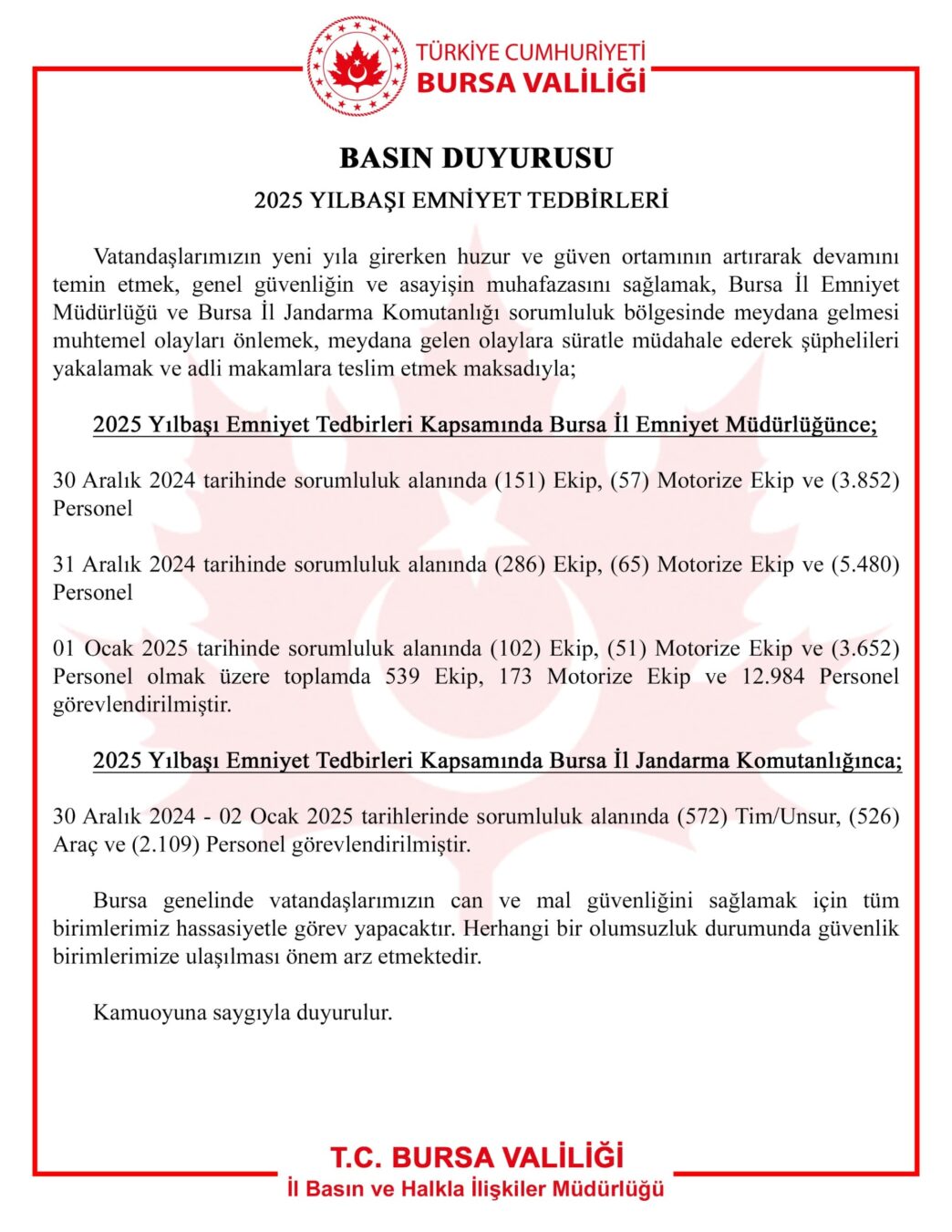 Vatandaşlarımızın yeni yıla girerken huzur ve güven ortamının artırarak devamını temin etmek, genel güvenliğin ve asayişin muhafazasını sağlamak, Bursa İl Emniyet Müdürlüğü ve Bursa İl Jandarma Komutanlığı sorumluluk bölgesinde meydana gelmesi muhtemel olayları önlemek, meydana gelen olaylara süratle müdahale ederek şüphelileri yakalamak ve adli makamlara teslim etmek maksadıyla;