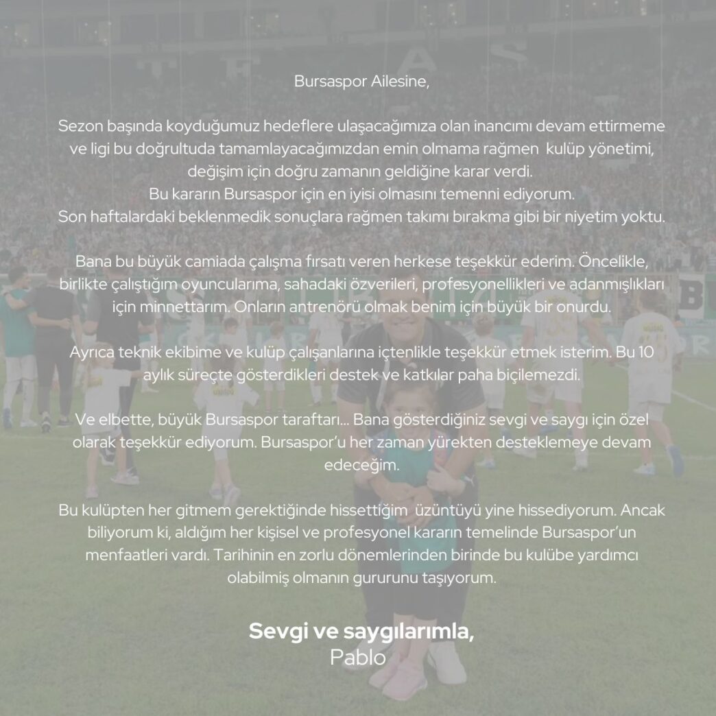 Bursaspor Kulübü tarafından Teknik Direktör Pablo Martin Batalla ile Bursaspor arasında yolların ayrıldığı açıklanmıştı. Bunun üzerine Batalla da, yaptığı veda açıklamasında, sezon başında koydukları hedeflere ulaşacaklarına olan inancını korumasına rağmen, kulüp yönetiminin değişim için doğru zamanın geldiğine karar verdiğini belirtti.