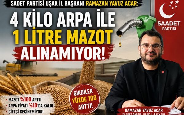 Saadet partisi Uşak İl Bşk Acar”4 Kilo Arpa ile 1 Litre Mazot Alınamıyor”